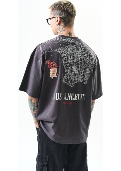 Erkek Los Angeles Baskılı Oversize T-Shirt Füme modelleri