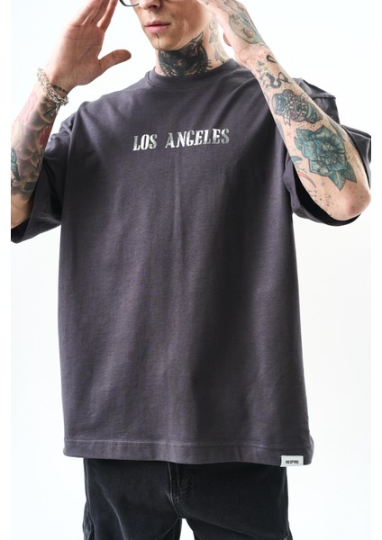 Erkek Los Angeles Baskılı Oversize T-Shirt Füme fırsatları