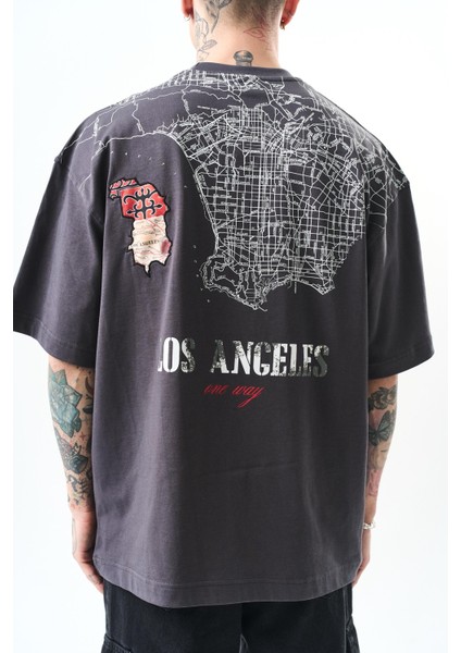 Erkek Los Angeles Baskılı Oversize T-Shirt Füme indirimleri