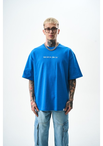 Erkek Palm Baskılı Oversize T-Shirt Mavi