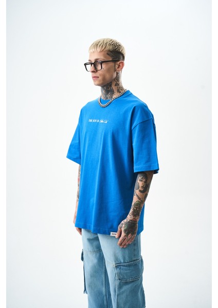 Erkek Palm Baskılı Oversize T-Shirt Mavi fiyatları