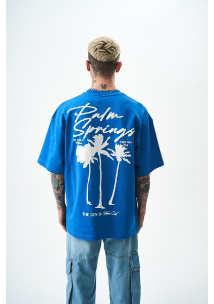 Erkek Palm Baskılı Oversize T-Shirt Mavi modelleri