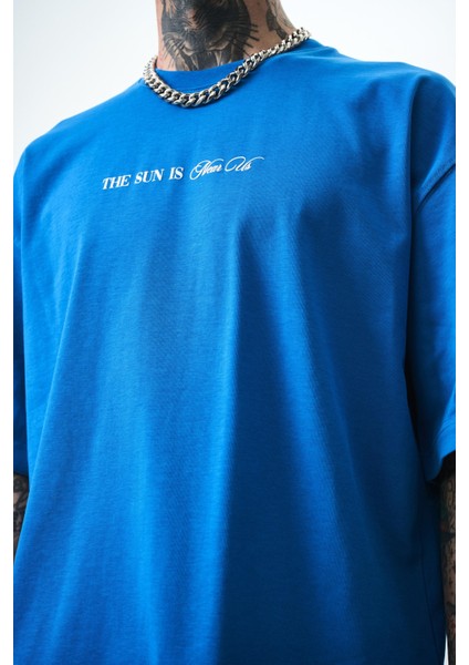 Erkek Palm Baskılı Oversize T-Shirt Mavi fırsatları