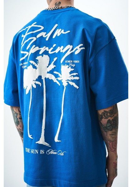 Erkek Palm Baskılı Oversize T-Shirt Mavi indirimleri