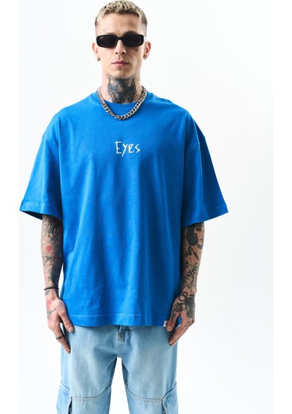Erkek Eyes Baskılı Oversize T-Shirt Mavi