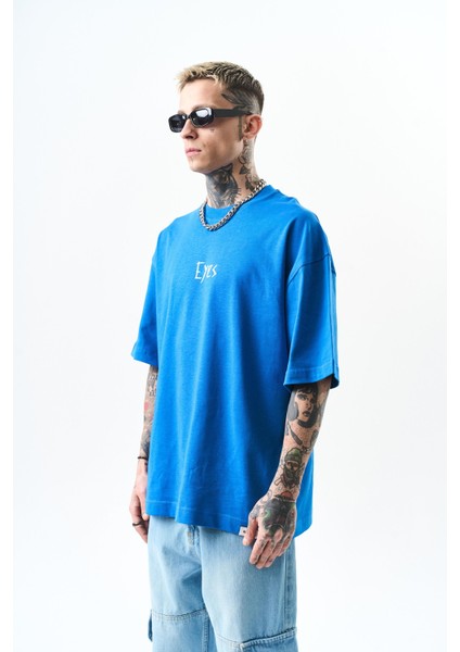 Erkek Eyes Baskılı Oversize T-Shirt Mavi fiyatları