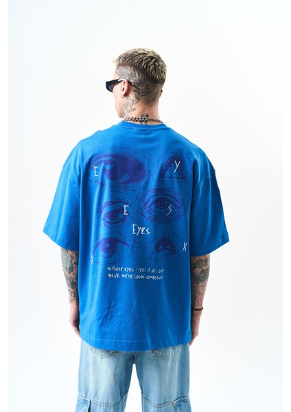 Erkek Eyes Baskılı Oversize T-Shirt Mavi modelleri