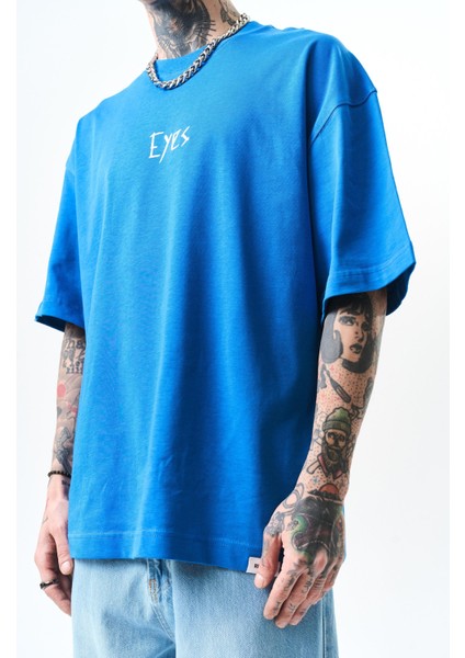 Erkek Eyes Baskılı Oversize T-Shirt Mavi fırsatları