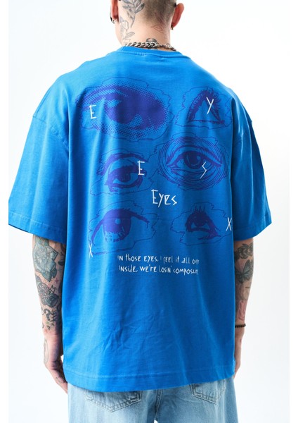Erkek Eyes Baskılı Oversize T-Shirt Mavi indirimleri