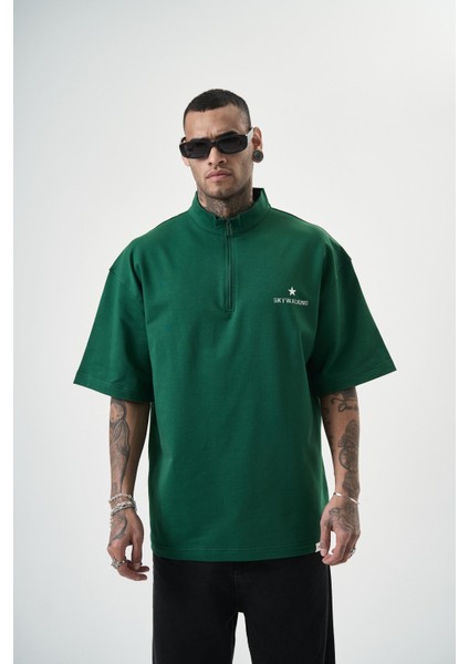 Erkek Skywalking Baskılı Yarım Fermuarlı Oversize T-Shirt Nefti
