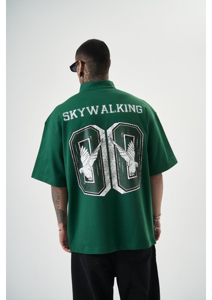 Erkek Skywalking Baskılı Yarım Fermuarlı Oversize T-Shirt Nefti modelleri