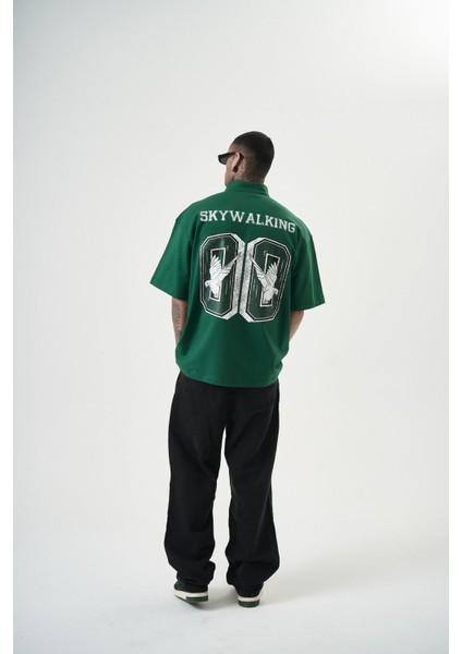 Erkek Skywalking Baskılı Yarım Fermuarlı Oversize T-Shirt Nefti indirimleri