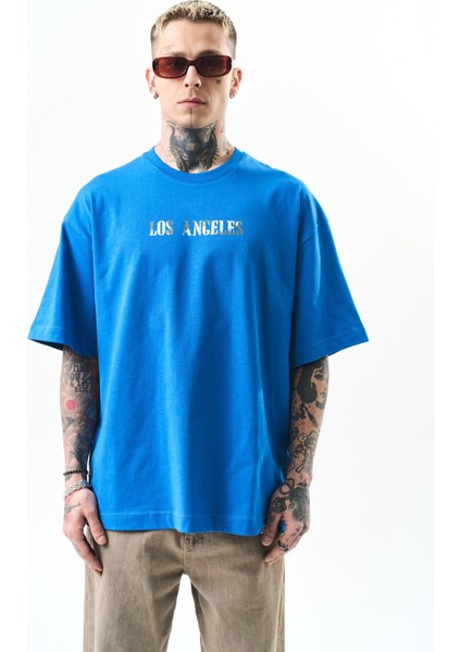 Erkek Los Angeles Baskılı Oversize T-Shirt Mavi
