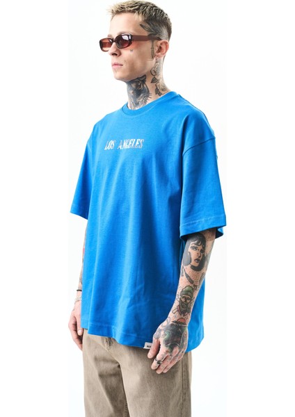 Erkek Los Angeles Baskılı Oversize T-Shirt Mavi fiyatları