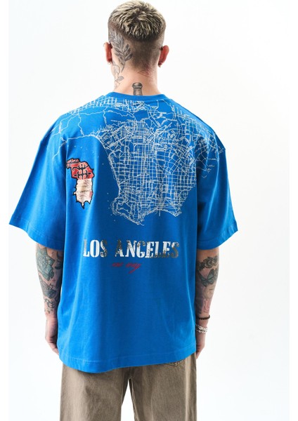 Erkek Los Angeles Baskılı Oversize T-Shirt Mavi modelleri