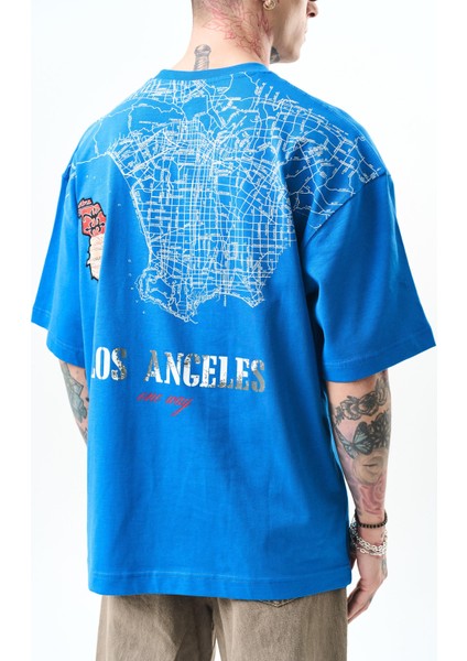 Erkek Los Angeles Baskılı Oversize T-Shirt Mavi indirimleri