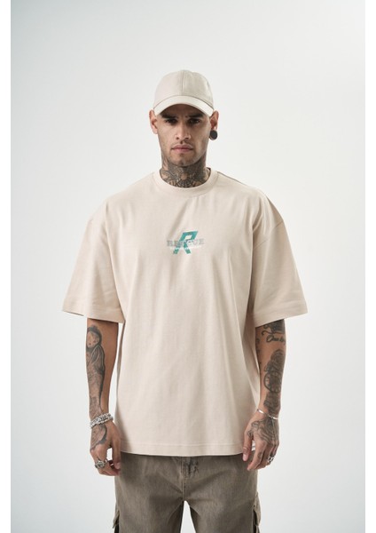 Erkek Res'cue Baskılı Oversize T-Shirt Bej