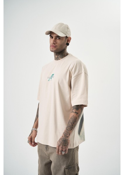 Erkek Res'cue Baskılı Oversize T-Shirt Bej fiyatları