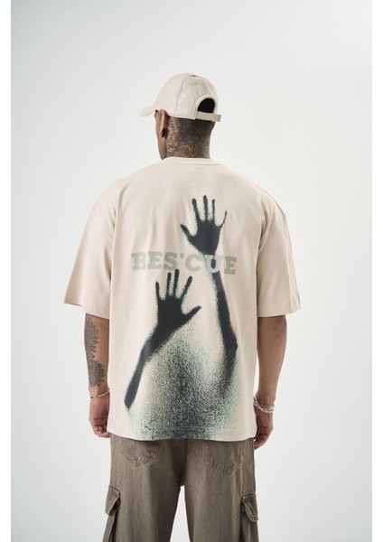 Erkek Res'cue Baskılı Oversize T-Shirt Bej modelleri
