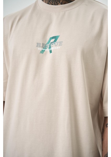 Erkek Res'cue Baskılı Oversize T-Shirt Bej fırsatları