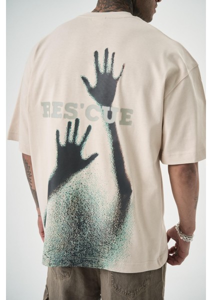 Erkek Res'cue Baskılı Oversize T-Shirt Bej indirimleri