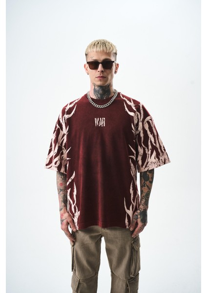 Erkek War Baskılı Yıkamalı Oversize T-Shirt Bordo