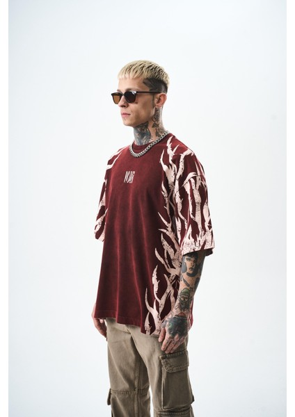 Erkek War Baskılı Yıkamalı Oversize T-Shirt Bordo fiyatları