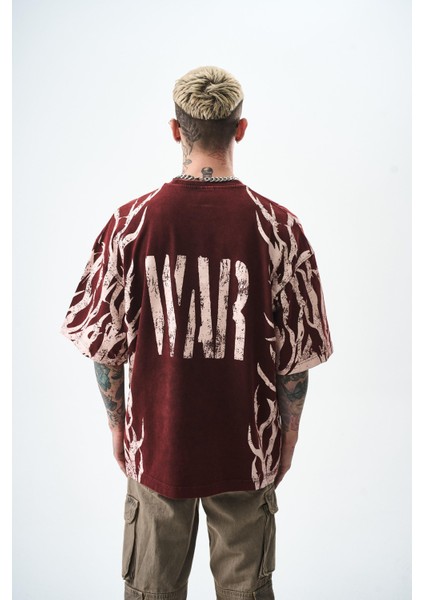 Erkek War Baskılı Yıkamalı Oversize T-Shirt Bordo modelleri