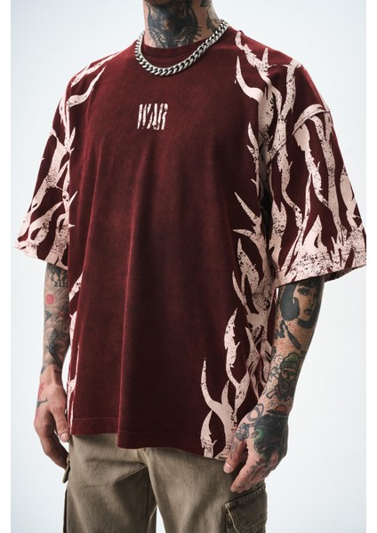 Erkek War Baskılı Yıkamalı Oversize T-Shirt Bordo fırsatları