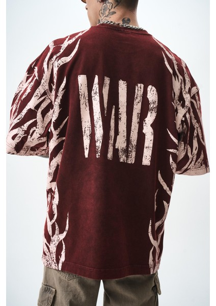 Erkek War Baskılı Yıkamalı Oversize T-Shirt Bordo indirimleri