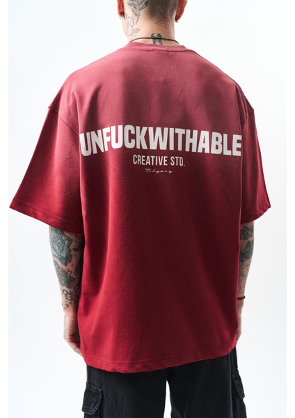 Erkek Unfuckwithable Baskılı Oversize T-Shirt Bordo indirimleri