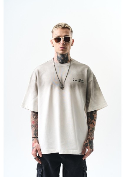 Erkek Pegasus Baskılı Oversize T-Shirt Ekru