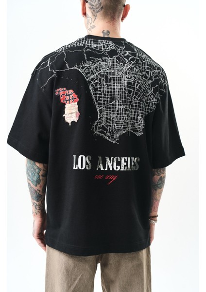 Erkek Los Angeles Baskılı Oversize T-Shirt Siyah indirimleri