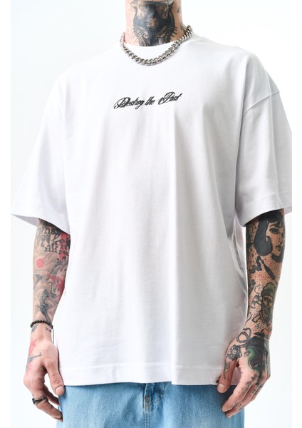 Erkek Destroy Baskılı Oversize T-Shirt Beyaz