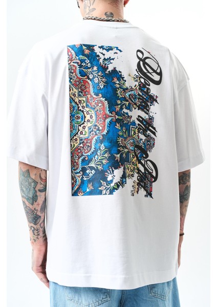 Erkek Destroy Baskılı Oversize T-Shirt Beyaz