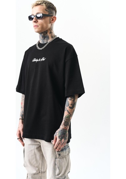 Erkek Destroy Baskılı Oversize T-Shirt Siyah