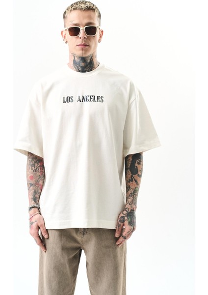 Erkek Los Angeles Baskılı Oversize T-Shirt Ekru