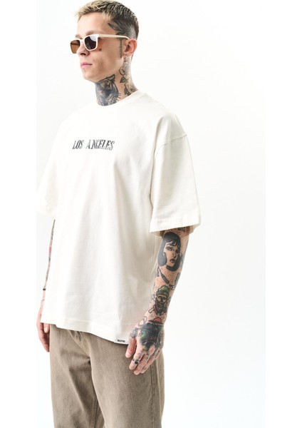 Erkek Los Angeles Baskılı Oversize T-Shirt Ekru fiyatları