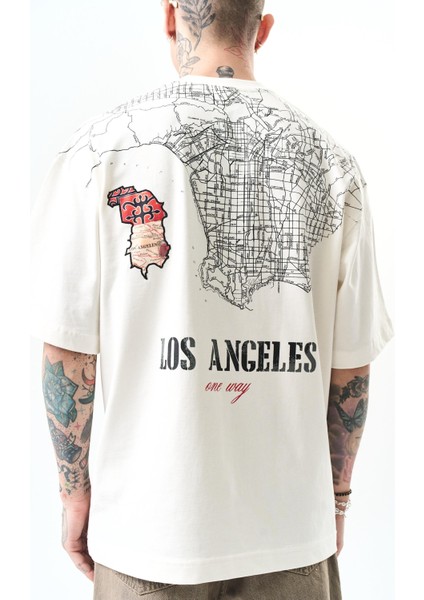 Erkek Los Angeles Baskılı Oversize T-Shirt Ekru indirimleri