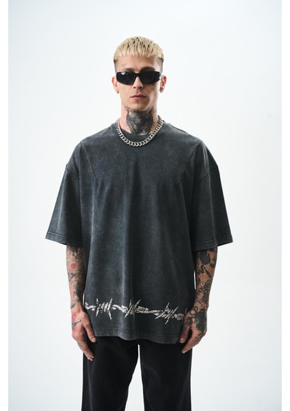 Erkek Hell Baskılı Yıkamalı Oversize T-Shirt Siyah
