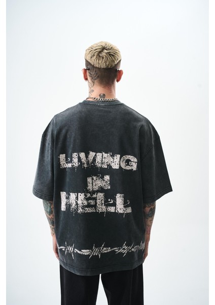 Erkek Hell Baskılı Yıkamalı Oversize T-Shirt Siyah modelleri