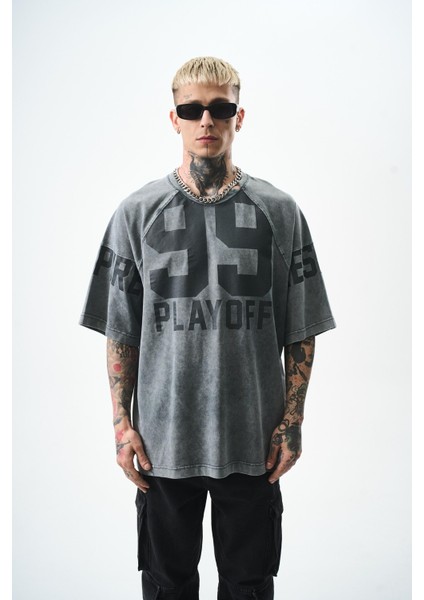 Erkek Playoff 99 Baskılı Yıkamalı Oversize T-Shirt Gri