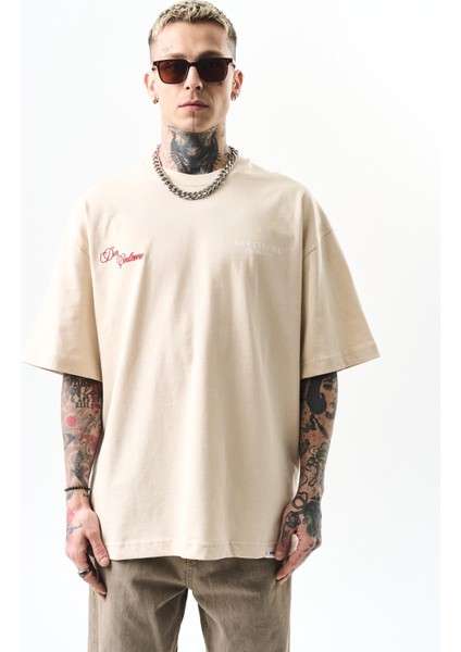 Erkek Godfather Baskılı Oversize T-Shirt Bej