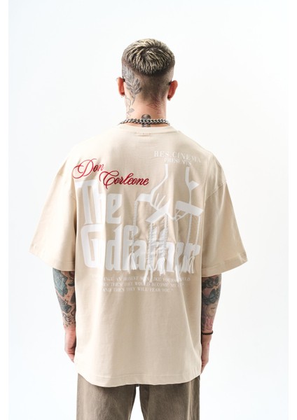 Erkek Godfather Baskılı Oversize T-Shirt Bej modelleri