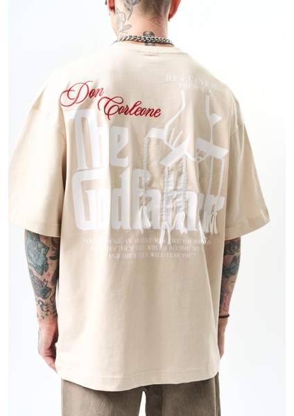 Erkek Godfather Baskılı Oversize T-Shirt Bej indirimleri