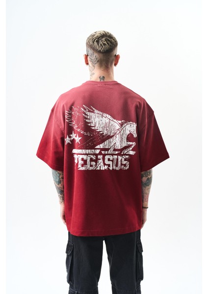 Erkek Pegasus Baskılı Oversize T-Shirt Bordo modelleri