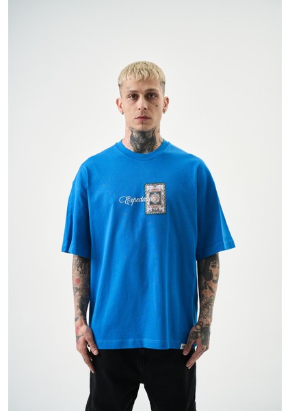 Erkek Expectation Nakışlı Oversize T-Shirt Mavi