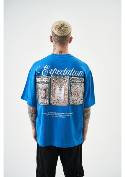 Erkek Expectation Nakışlı Oversize T-Shirt Mavi modelleri