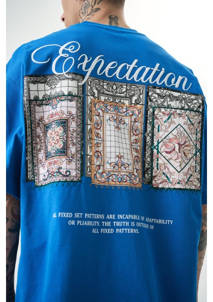 Erkek Expectation Nakışlı Oversize T-Shirt Mavi indirimleri