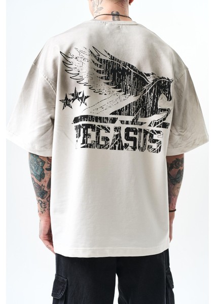 Erkek Pegasus Baskılı Oversize T-Shirt Ekru indirimleri